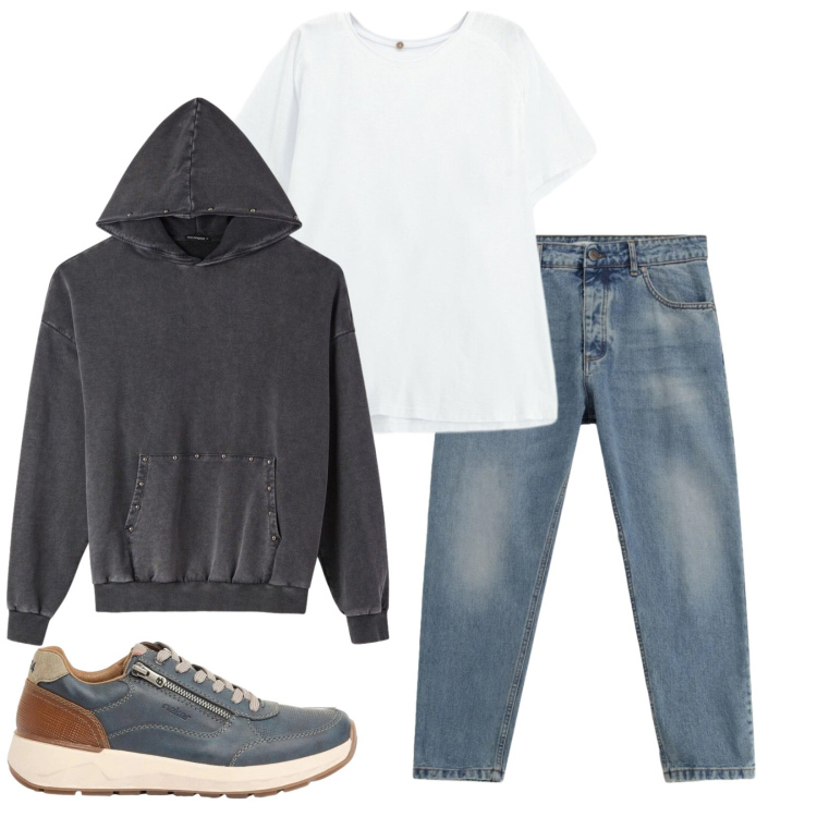 Outfit uomo - Total look #2389314. Stile Urban per Tutti i giorni. Abbinamento con sneakers, felpe con cappuccio, jeans, t-shirt.