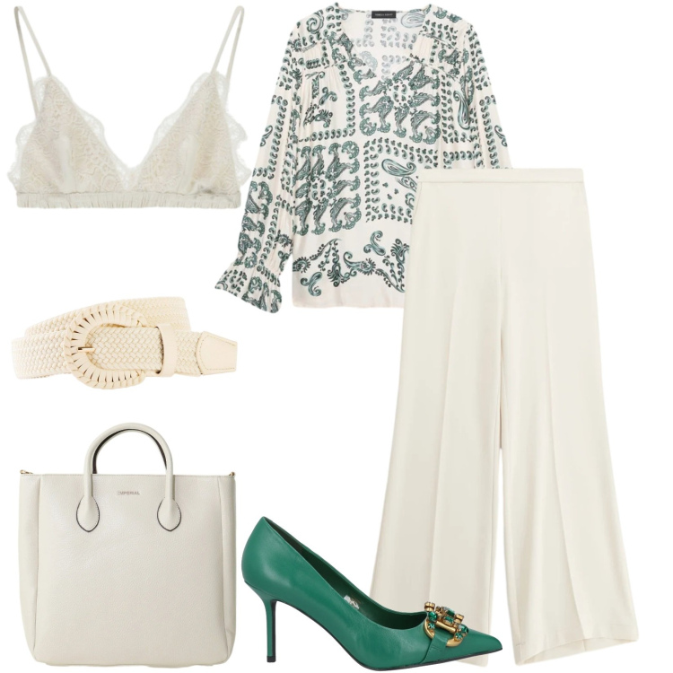 Outfit donna - Total look #2389315. Stile Chic per Ufficio. Abbinamento con décolleté, cinture, pantaloni a palazzo, reggiseni, borse a tracolla, bluse.