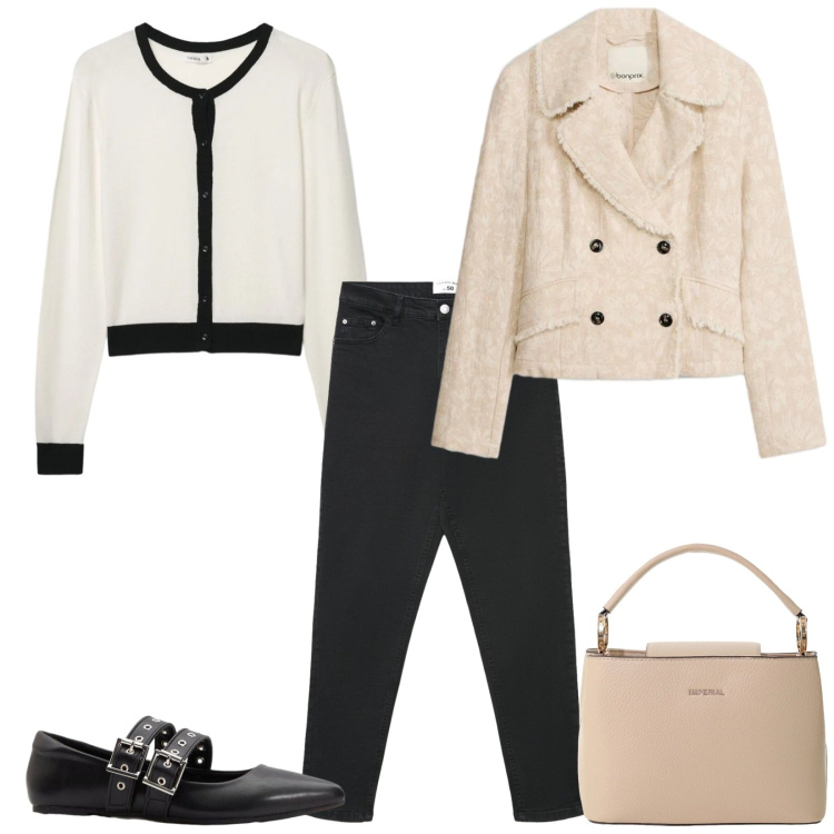 Outfit donna - Bon ton in ufficio. Stile Bon Ton per Ufficio. Abbinamento con ballerine, blazer, cardigans, jeans skinny, borse a secchiello.
