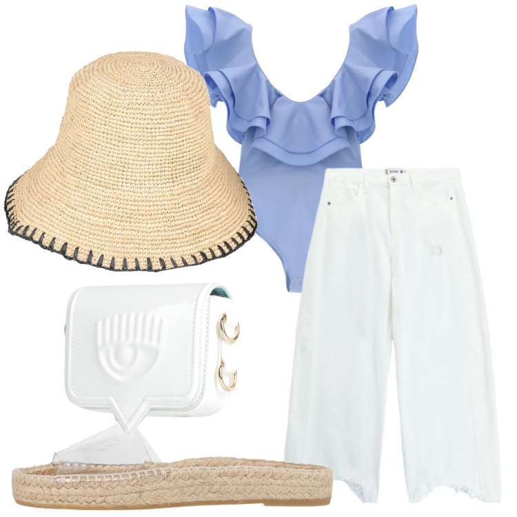 Outfit donna - Capri style. Stile Glamour per Mare. Abbinamento con espadrillas, marsupi, cappelli con visiera, pantaloni a palazzo, top.