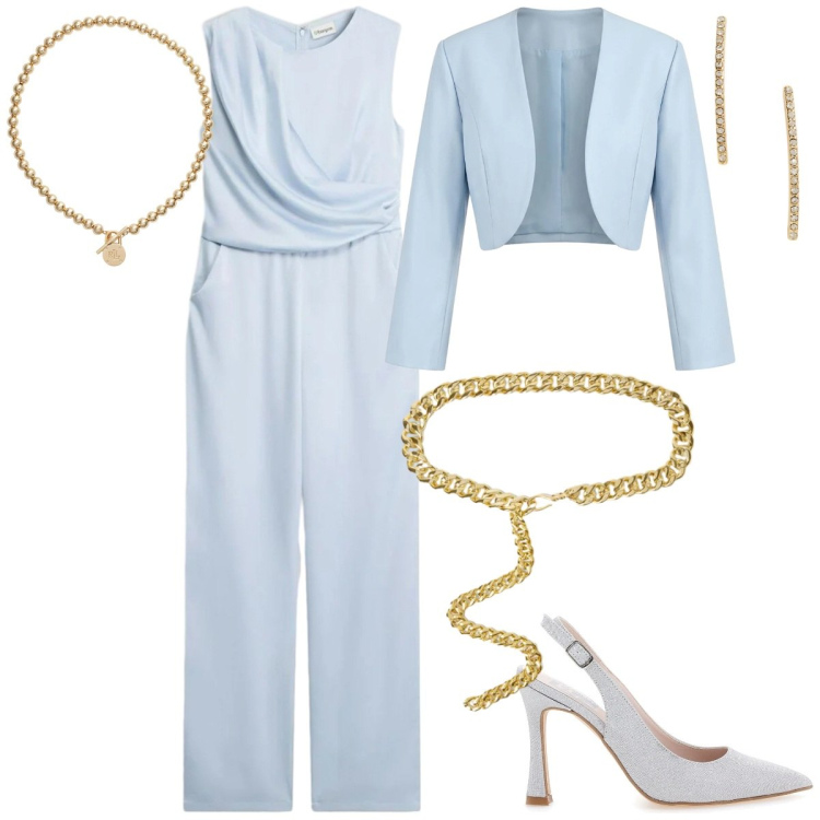 Outfit donna - La stagione delle cerimonie. Stile Chic per Cerimonia. Abbinamento con tute, cinture, collane, orecchini, bolero, décolleté.