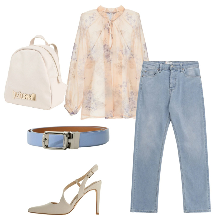 Outfit donna - Primavera delicata. Stile Romantica Abbinamento con zaini, jeans, décolleté, bluse, cinture.