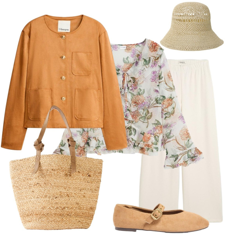 Outfit donna - Per mercatini con Bonprix. Stile Romantica per Tutti i giorni. Abbinamento con pantaloni, blazer, bluse, shopping bag, ballerine, cappelli.