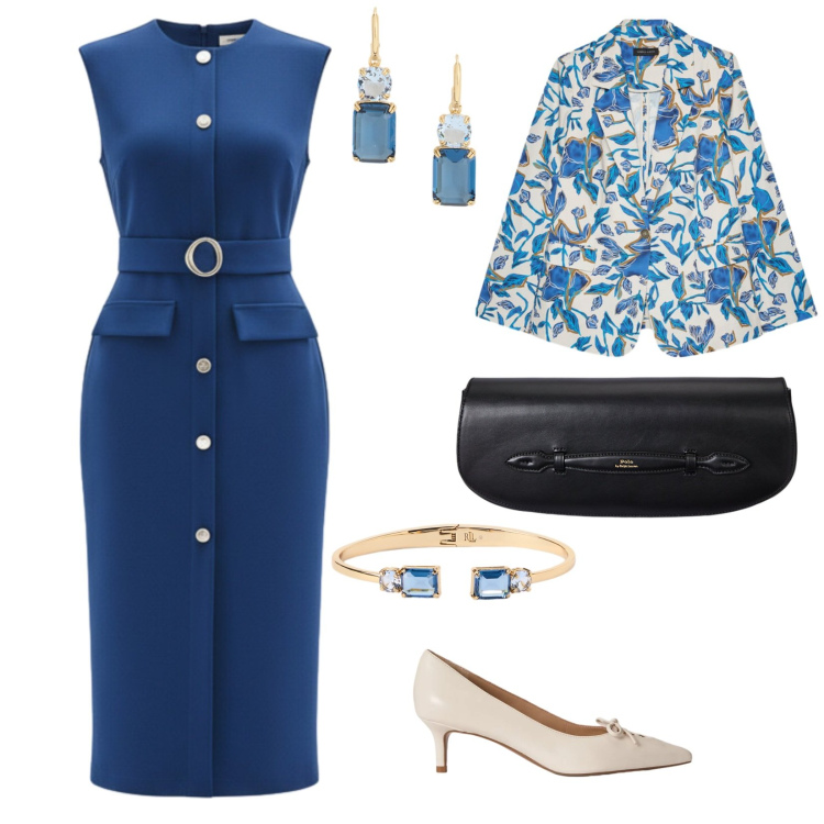 Outfit donna - Matrimonio a maggio. per Cerimonia. Abbinamento con blazer, vestiti midi/longuette, décolleté, orecchini, clutch, braccialetti.