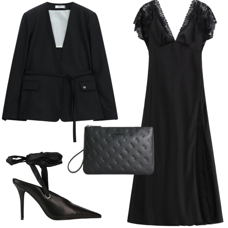 Outfit donna - Total black. Stile Glamour per Serata fuori. Abbinamento con décolleté, vestiti lunghi, blazer, anelli.