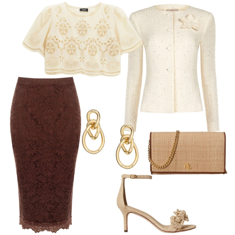 Outfit donna - Battesimo di giorno. per Cerimonia. Abbinamento con gonne longuette, blazer, bluse, sandali in pelle, orecchini, borse a tracolla.