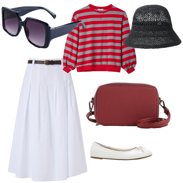 Outfit donna - Domenica mattina. per Tutti i giorni. Abbinamento con ballerine, borse a tracolla, occhiali da sole, gonne longuette, t-shirt, cappelli.