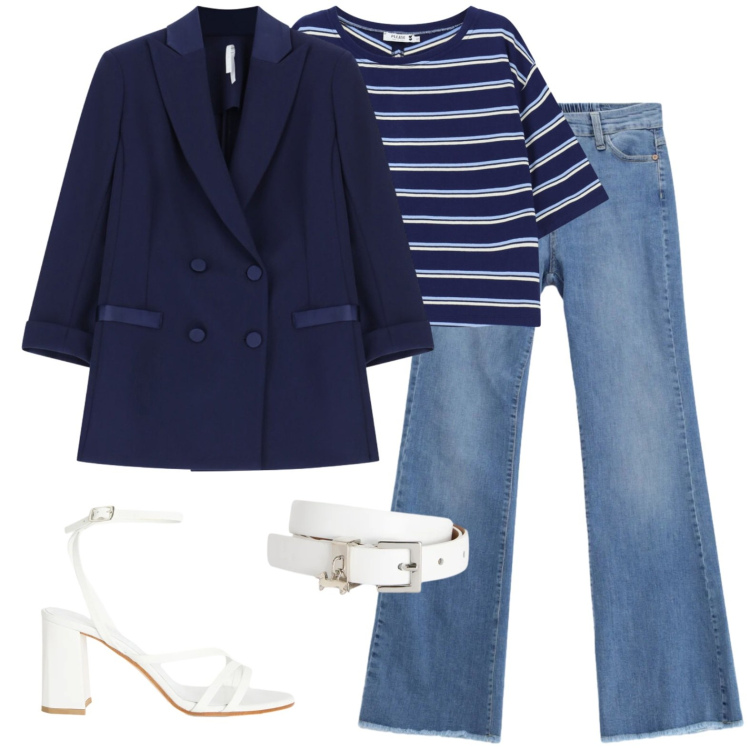 Outfit donna - Sdrammatizziamo. Stile Casual chic per Tutti i giorni. Abbinamento con blazer, jeans, top, sandali in pelle, cinture.