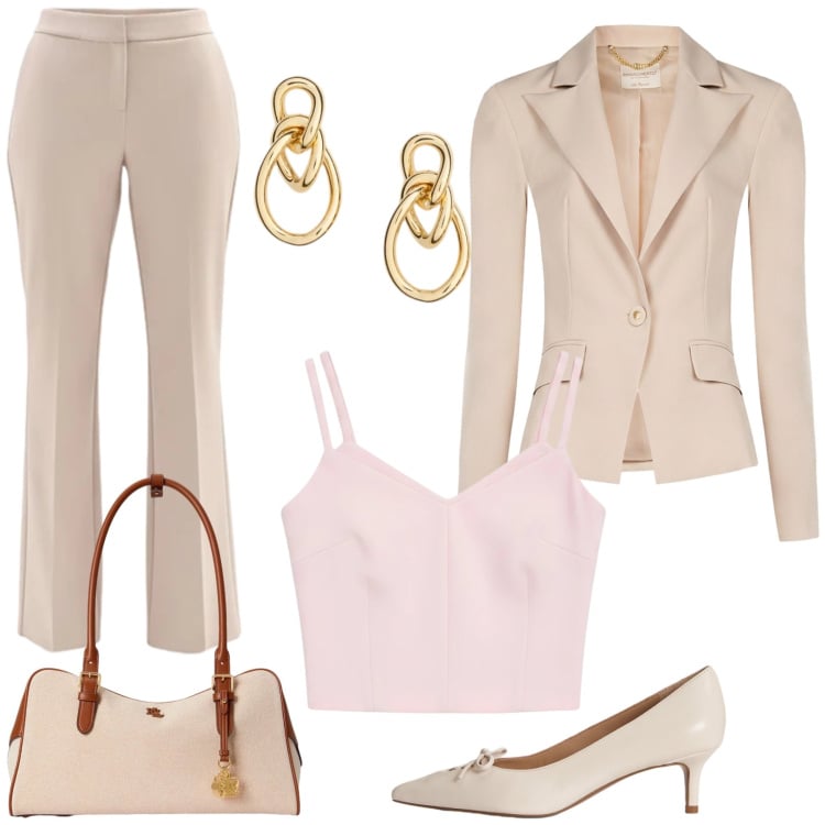 Outfit donna - Eleganza Soft in Rosa e Beige. Stile Romantica per Cerimonia. Abbinamento con pantaloni, top, blazer, orecchini, décolleté, borse a mano.
