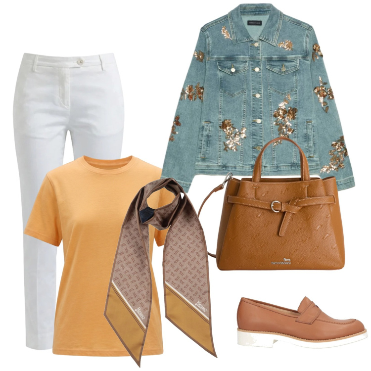 Outfit donna - Eleganza leggera. Stile Casual per Tutti i giorni. Abbinamento con sciarpe, mocassini, blazer, t-shirt, pantaloni, borse a mano.