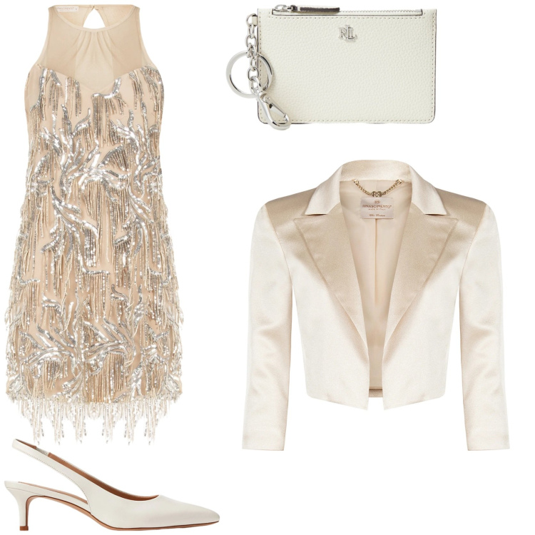 Outfit donna - Soft glam. Stile Glamour per Cerimonia. Abbinamento con vestiti corti, bolero, décolleté, portafogli.
