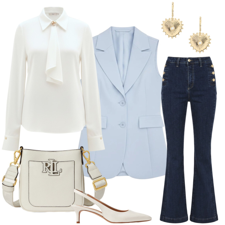 Outfit donna - Eleganza con un Tocco di Charme. Stile Glamour per Cerimonia. Abbinamento con camicie, jeans a zampa, gilet, décolleté, borse a tracolla, orecchini.