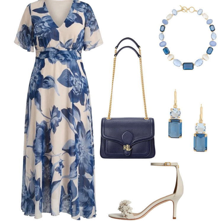 Outfit donna - Incanto Floreale. Stile Glamour per Cerimonia. Abbinamento con vestiti lunghi, borse a spalla, sandali in pelle, orecchini, collane.