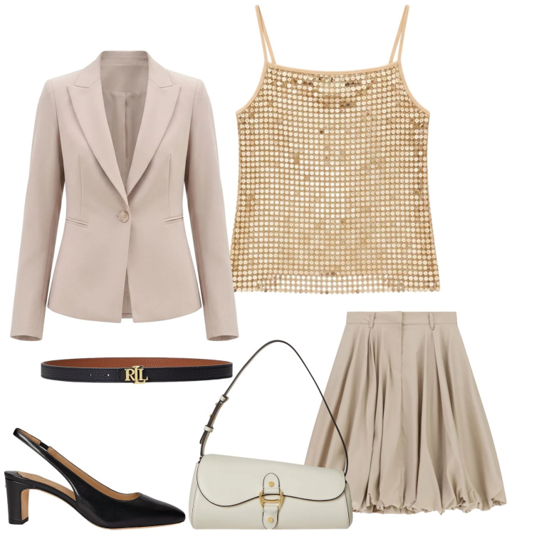 Outfit donna - Power Dressing & Paillettes. Stile Glamour per Cerimonia. Abbinamento con gonne longuette, blazer, canottiere, borse a spalla, décolleté, cinture.