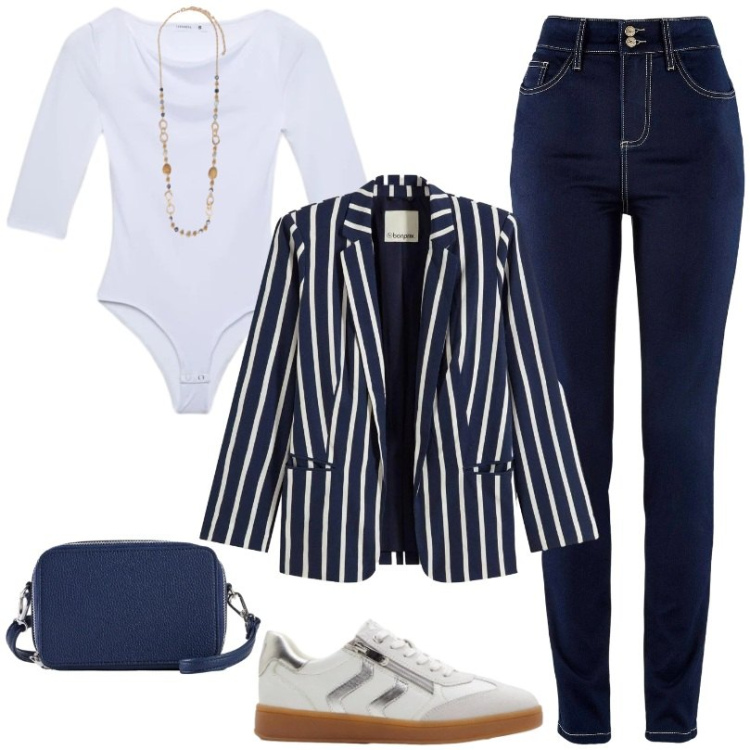 Outfit donna - Body con scollo a barca. Stile Casual per Ufficio. Abbinamento con blazer, jeans slim fit, sneakers, borse a tracolla, t-shirt, collane.