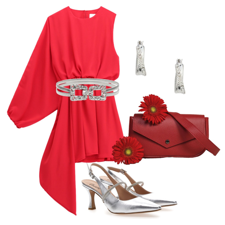 Outfit donna - Aprile. Stile Glamour per Cerimonia. Abbinamento con cinture, borse a tracolla, vestiti asimmetrici, orecchini, décolleté.