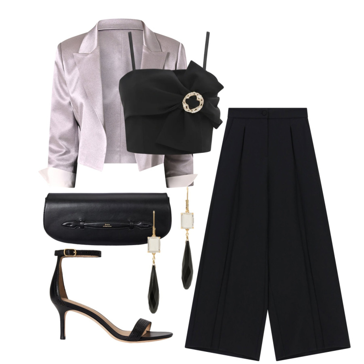 Outfit donna - Aprile. Stile Glamour per Cerimonia. Abbinamento con pantaloni a palazzo, bolero, top, clutch, orecchini, sandali in pelle.