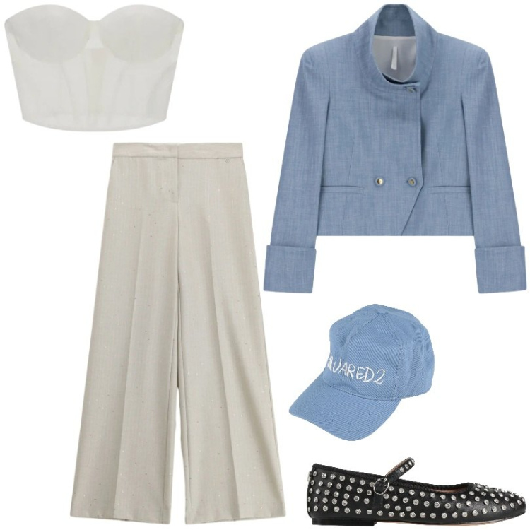 Outfit donna - Di moda. Stile Urban per Tutti i giorni. Abbinamento con cappelli con visiera, ballerine, pantaloni a palazzo, cappotti, top.