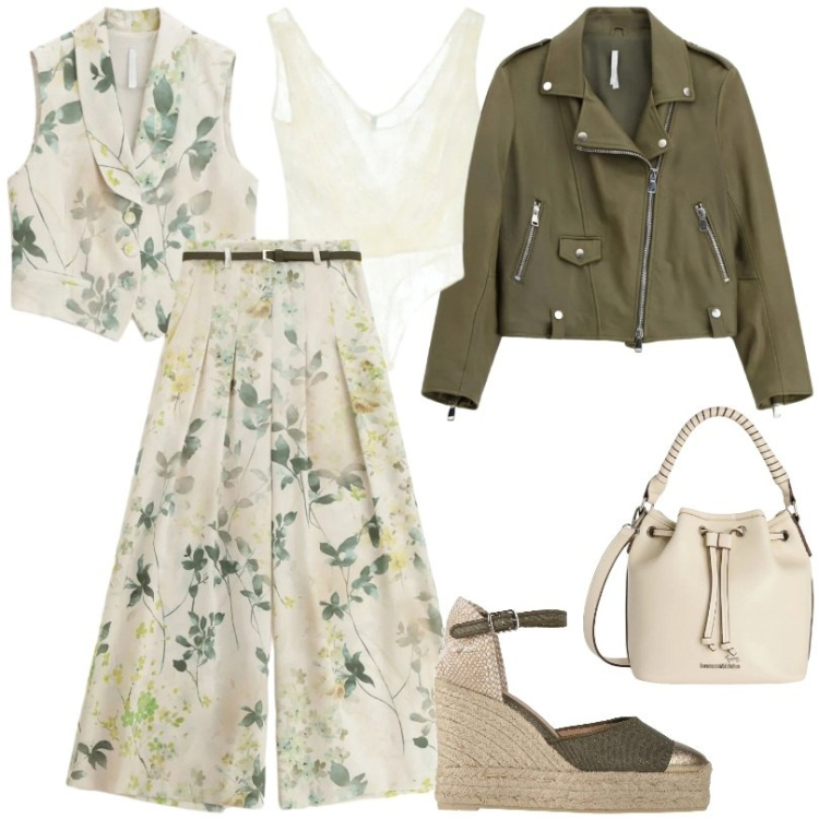 Outfit donna - Total look #2389354. Stile Trendy per Tutti i giorni. Abbinamento con espadrillas, gilet, top, pantaloni a palazzo, giacche, borse a secchiello.