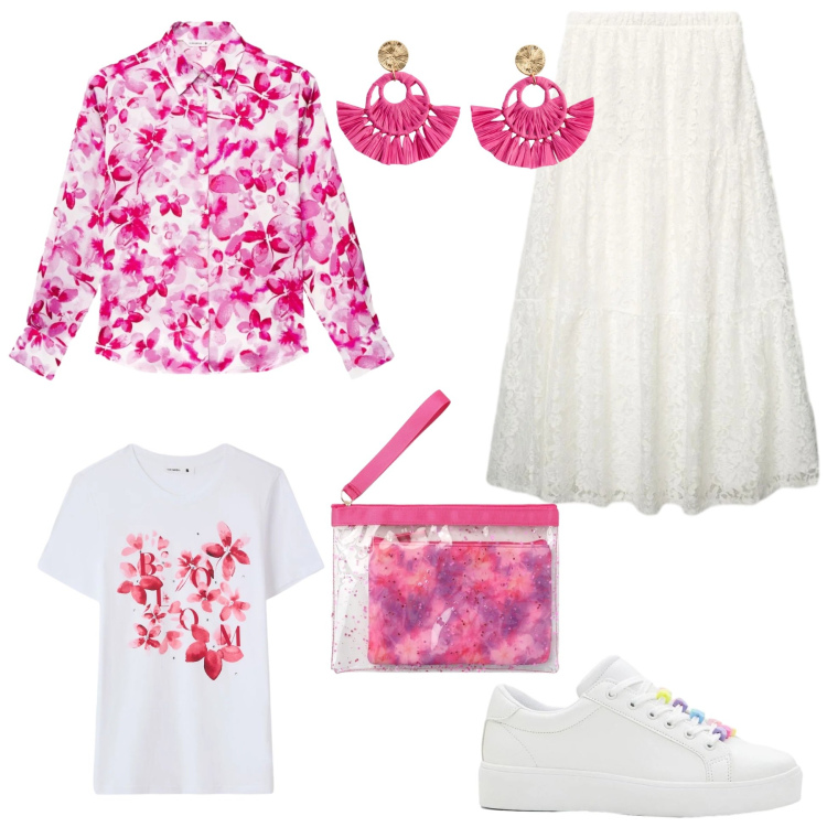 Outfit donna - Fiori rosa per la primavera. Stile Romantica per Tutti i giorni. Abbinamento con sneakers, orecchini, camicie, gonne lunghe, pochette, t-shirt.