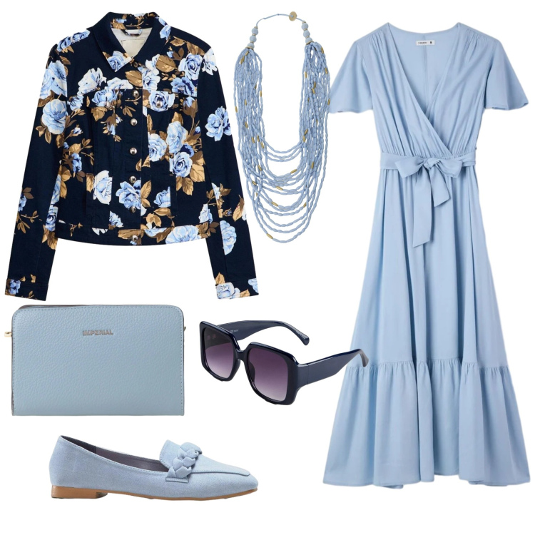 Outfit donna - L\'abito celeste. Stile Romantica per Serata fuori. Abbinamento con mocassini, blazer, occhiali da sole, vestiti lunghi, borse a tracolla, collane.