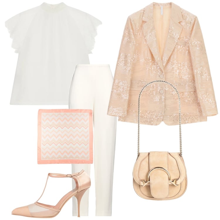 Outfit donna - La comunione di Ester. Stile Chic per Cerimonia. Abbinamento con pantaloni, décolleté, marsupi, sciarpe, blazer, top.