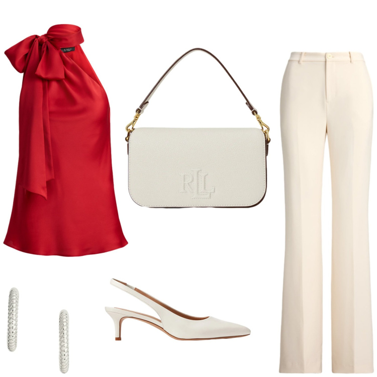 Outfit donna - Osa il rosso. Stile Chic per Cerimonia. Abbinamento con top, décolleté, orecchini, borse a spalla, pantaloni.