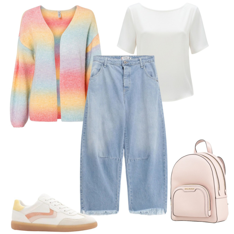 Outfit donna - Primavera =denim chiaro. Stile Casual per Tutti i giorni. Abbinamento con zaini, cardigans, sneakers, jeans, bluse.