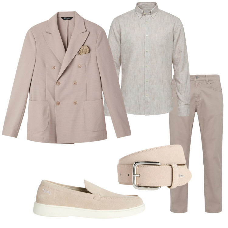Outfit uomo - In piena primavera. Stile Business/Elegante per Cerimonia. Abbinamento con giacche, cinture, scarpe stringate, pantaloni, camicie.