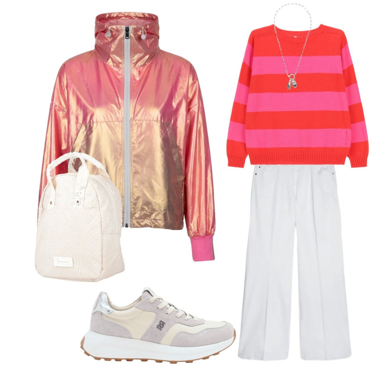 Outfit donna - Elegantemente sportiva. Stile Casual chic per Tutti i giorni. look ideale per Tall. Abbinamento con zaini, maglieria, sneakers, pantaloni, ciondoli, bomber.