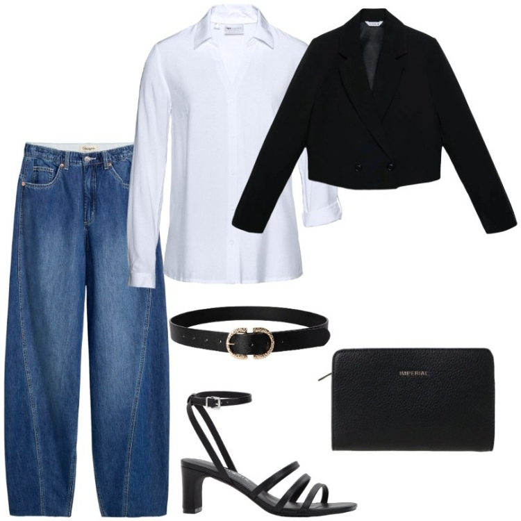 Outfit donna - Capi che non tradiscono mai. Stile Casual per Tutti i giorni. look ideale per Petite. Abbinamento con jeans, camicie, sandali col tacco, cinture, blazer, borse a tracolla.