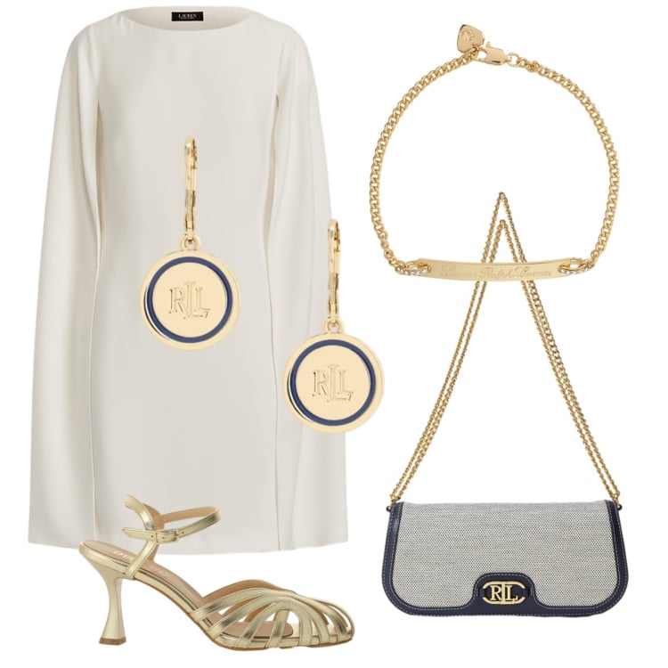 Outfit donna - L\'abito con la mantella. Stile Chic per Cerimonia. Abbinamento con sandali col tacco, orecchini, borse a spalla, braccialetti, vestiti.