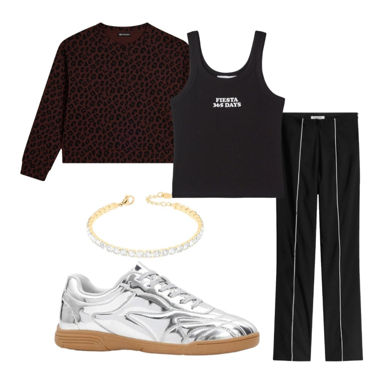 Outfit donna - Sporty chic. Stile Sporty chic per Tutti i giorni. Abbinamento con pantaloni, sneakers, canottiere, braccialetti, felpe.