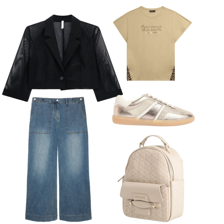 Outfit donna - Una serata di primavera. Stile Casual per Tutti i giorni. Abbinamento con zaini, sneakers, blazer, jeans, t-shirt.