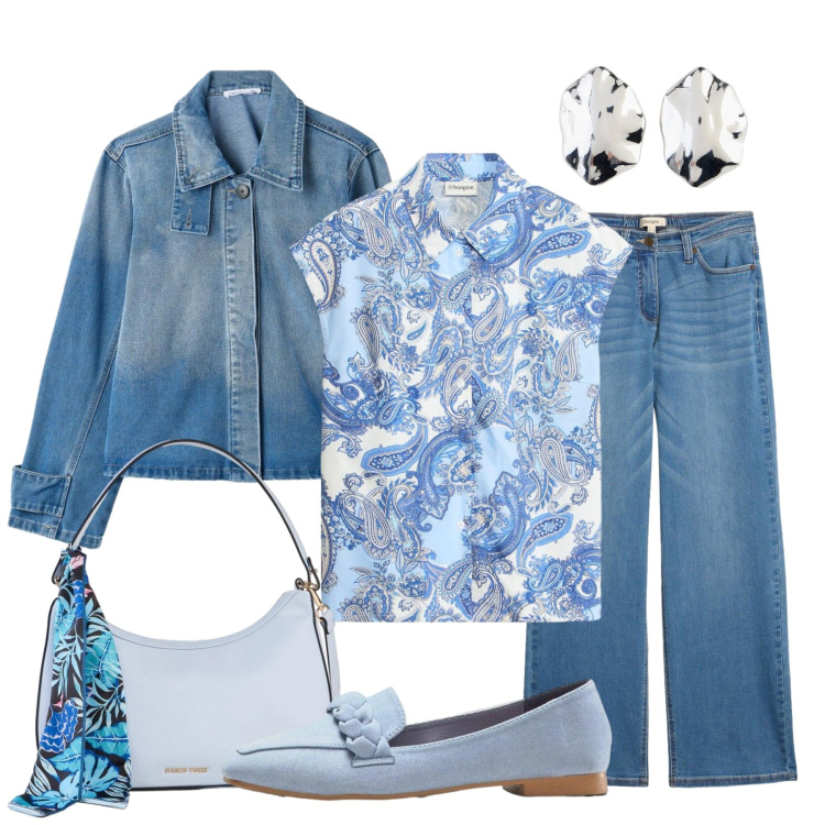 Outfit donna - Stampa cashmere. Stile Casual chic per Tutti i giorni. Abbinamento con jeans, mocassini, camicie a manica corta, borse a mano, orecchini, cappotti.