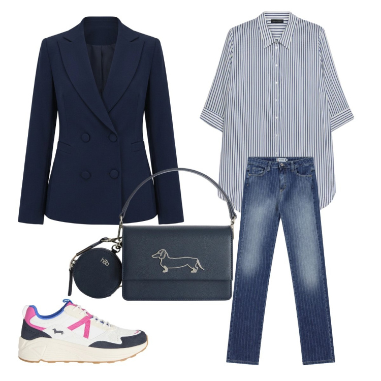 Outfit donna - cinema in primavera. Stile Urban per Serata fuori. Abbinamento con blazer, camicie, jeans, sneakers, borse a tracolla.