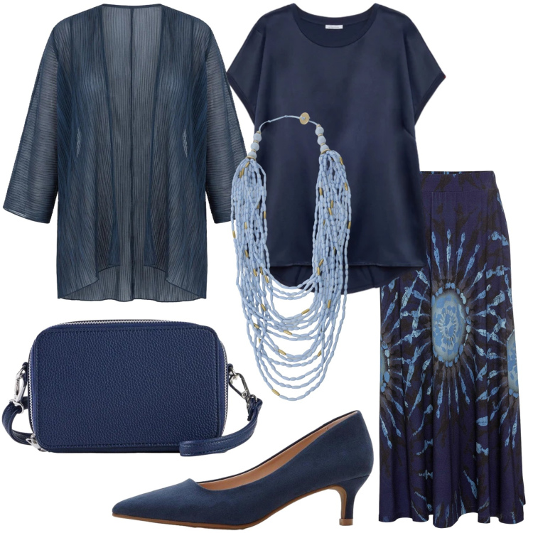 Outfit donna - Impeccabile in blu. Stile Minimal per Cerimonia. Abbinamento con gonne, décolleté, borse a tracolla, collane, blazer, bluse.