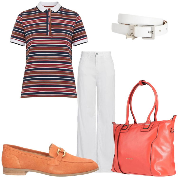 Outfit donna - Pranzo al circolo. Stile Glamour per Tutti i giorni. Abbinamento con jeans, mocassini, zaini, cinture, polo.