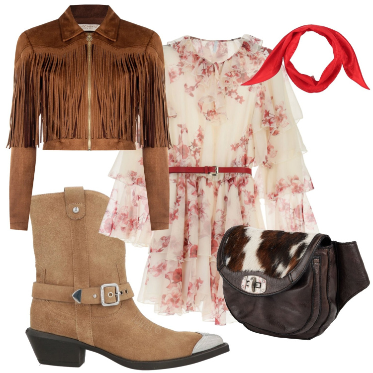 Outfit donna - Serata Country. Stile Etnico per Serata fuori. Abbinamento con marsupi, sciarpe, stivaletti texani, vestiti corti, giacche.