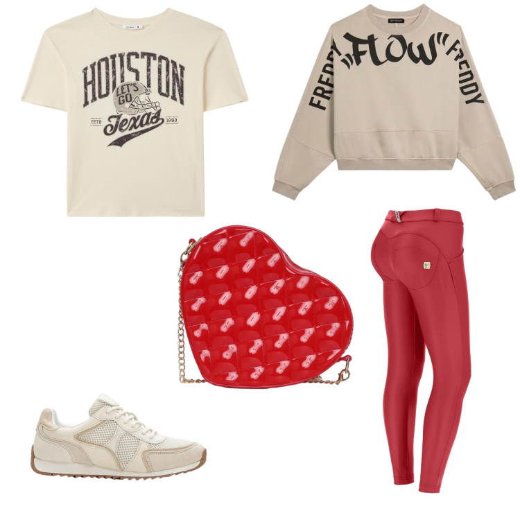 Outfit donna - Red sportivo. Stile Casual per Tutti i giorni. Abbinamento con sneakers alte, t-shirt, borse a tracolla, pantaloni skinny, felpe.