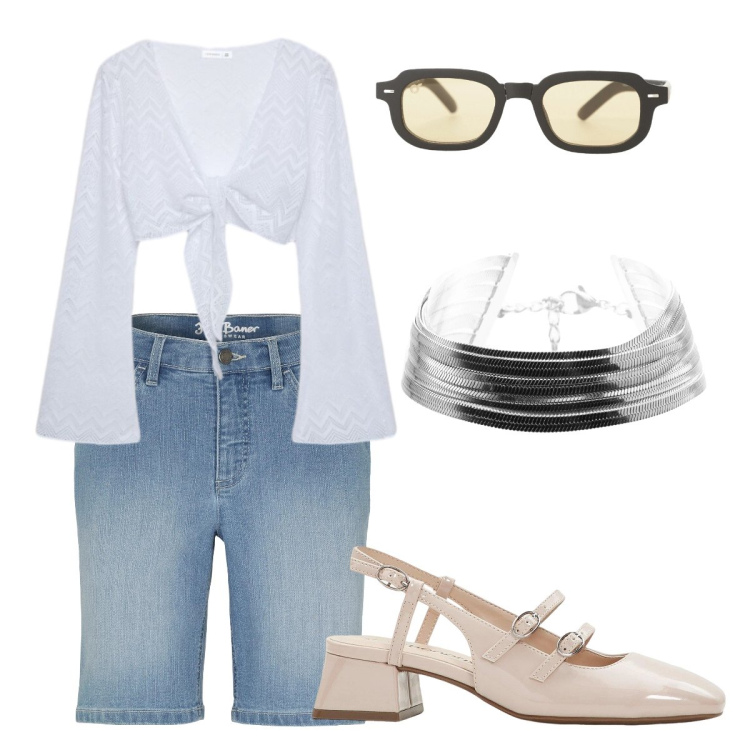 Outfit donna - Caldo primaverile. Stile Basic per Tutti i giorni. Abbinamento con bermuda, décolleté, top, occhiali da sole, braccialetti.