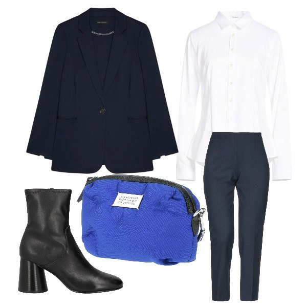 Outfit donna - “Soluzione” la camicia bianca curvy. Stile Mannish per Ufficio. Abbinamento con pantaloni, camicie, stivaletti, marsupi, blazer.