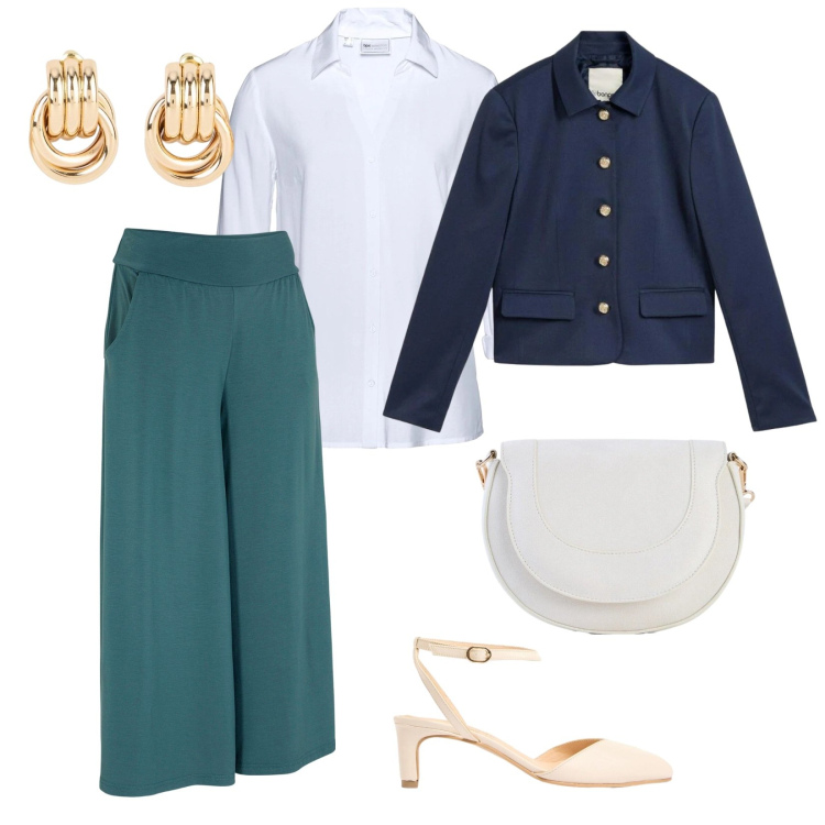 Outfit donna - Everyday Bonprix. per Tutti i giorni. Abbinamento con pantaloni culotte, orecchini, blazer, borse a tracolla, décolleté, camicie.