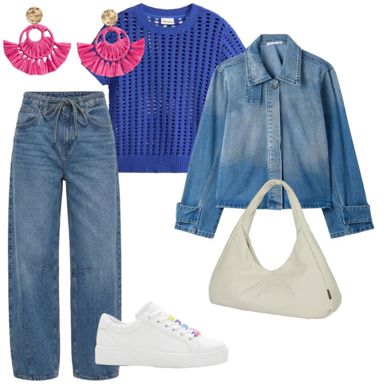 Outfit donna - Denim. per Tutti i giorni. Abbinamento con bluse, sneakers, orecchini, jeans, cappotti, borse a spalla.