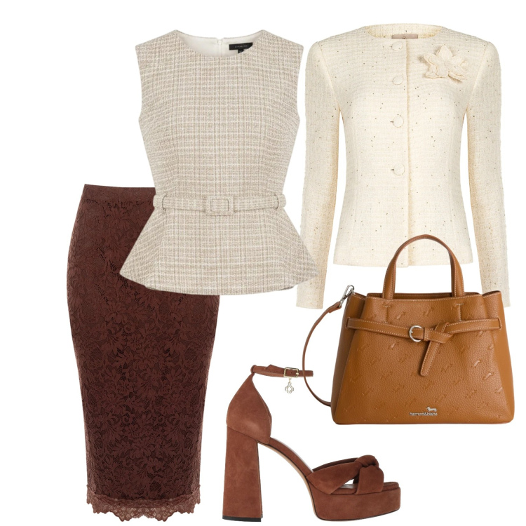 Outfit donna - Un tacco esagerato. per Ufficio. Abbinamento con sandali in pelle, blazer, gonne longuette, top, borse a mano.