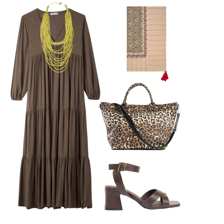 Outfit donna - Le passeggiate a maggio. per Tutti i giorni. Abbinamento con sandali col tacco, shopping bag, vestiti lunghi, collane, sciarpe.