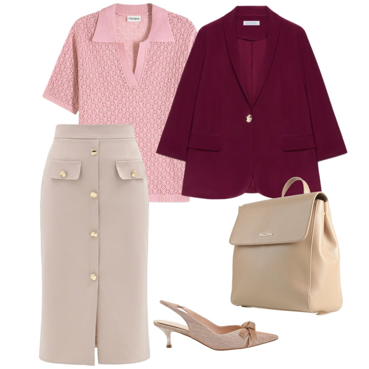 Outfit donna - Rosa e bordeaux. per Ufficio. Abbinamento con zaini, polo, blazer, décolleté, gonne longuette.