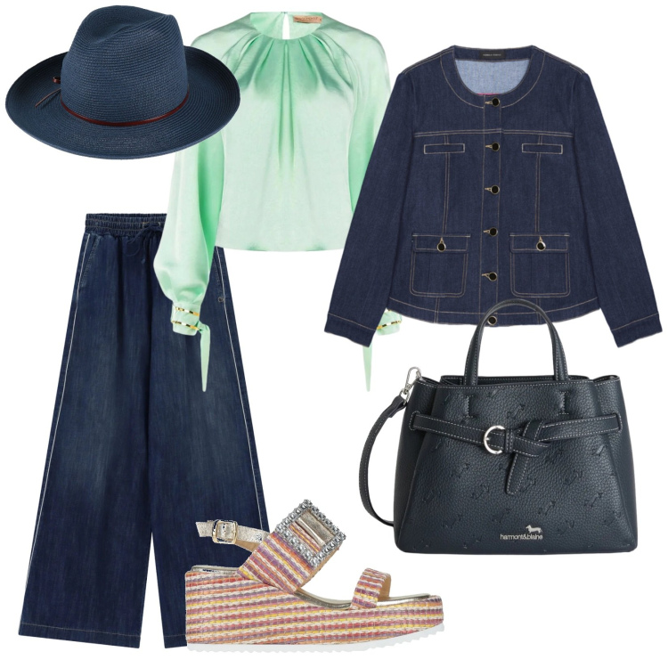 Outfit donna - Al sole. per Mare. Abbinamento con cappelli, sandali in pelle, blazer, bluse, jeans, borse a mano.