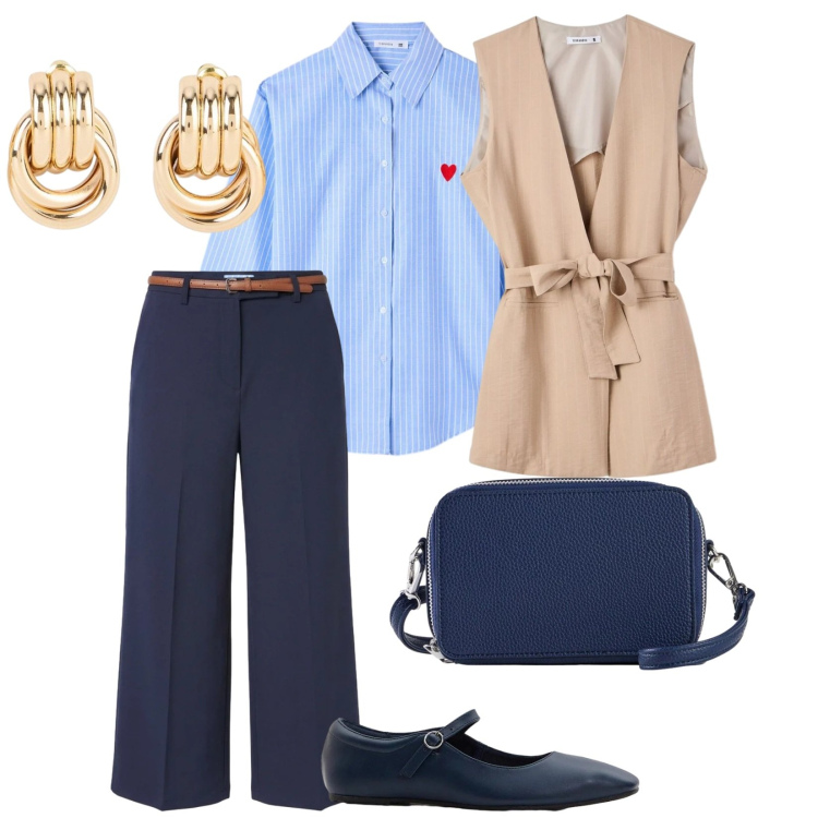 Outfit donna - Senza tacchi. per Scuola/Università. Abbinamento con borse a tracolla, orecchini, ballerine, pantaloni culotte, camicie, gilet.