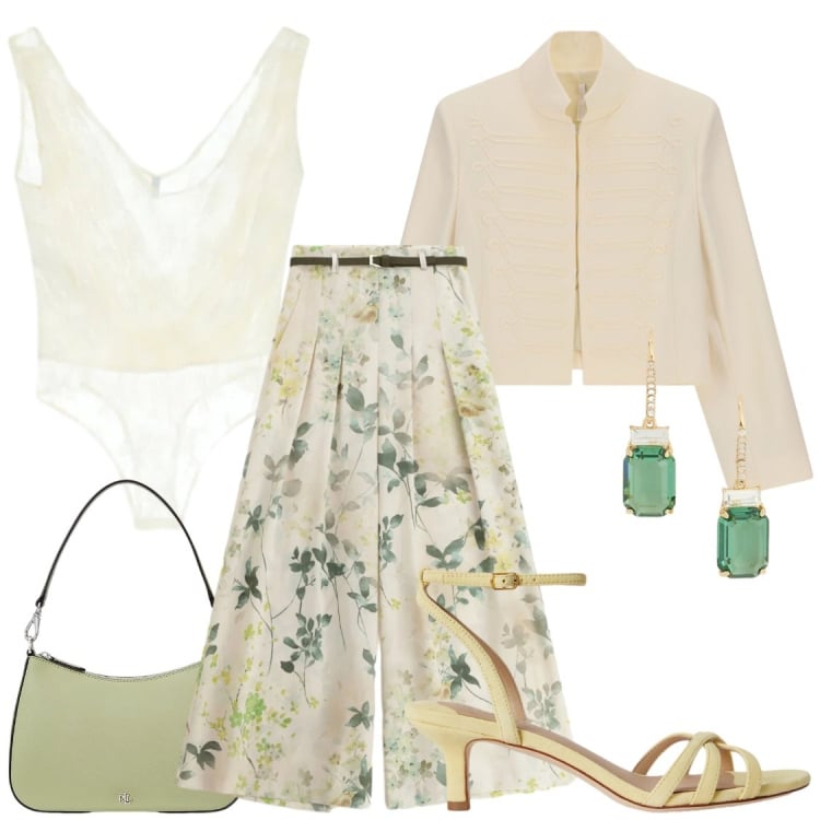 Outfit donna - ​Petali e Seta per cerimonie di giorno. Stile Bon Ton per Cerimonia. Abbinamento con pantaloni a palazzo, top, blazer, borse a spalla, sandali col tacco, orecchini.